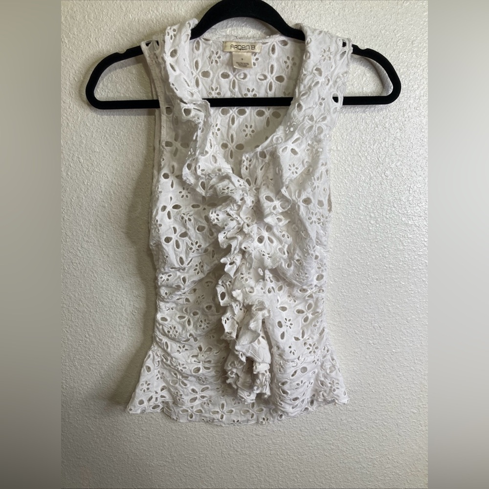 Arden B White Eyelet Ruffle Sleeveless Blouse